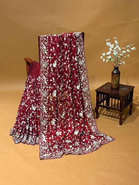 Maroon Pure Chinnon Saree with Allover Parsi Gara Embroidery