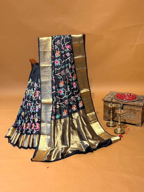 Black Kanjeevaram Silk Saree with Allover Patola Inspired Embroidery