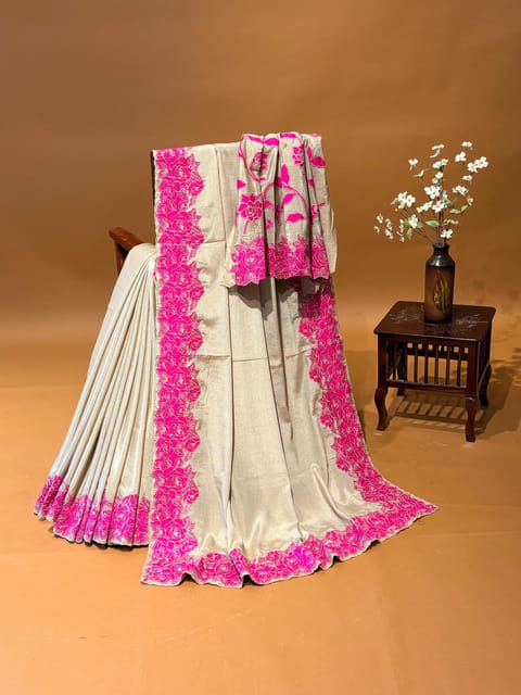 Champagne Beige Shimmery Chiffon Saree with Rose Applique Cutwork Border