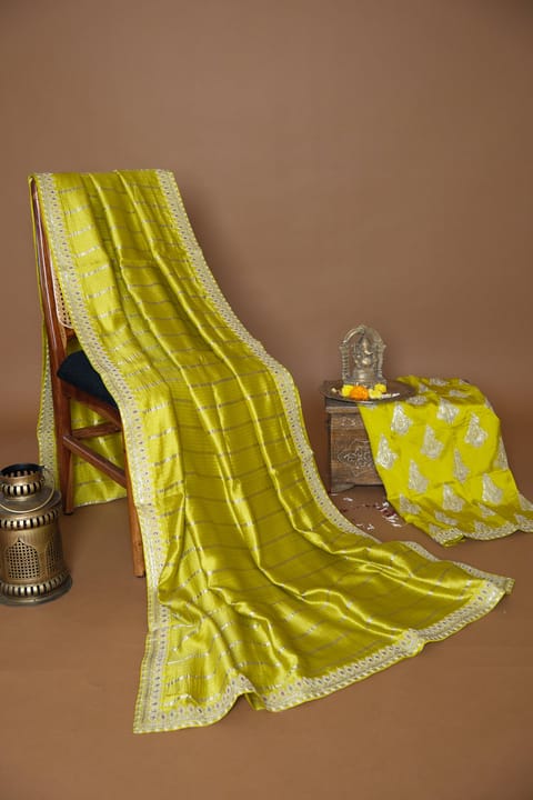 Neon Green Banarasi Silk Saree with Sabyasachi Borders and Blouse