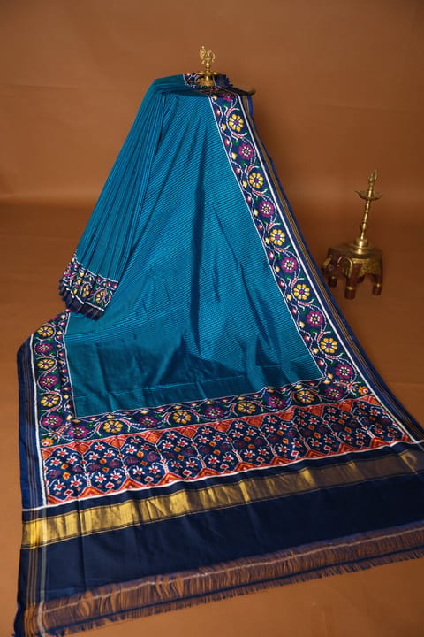Copper Sulphate Blue Double Ikkath Checks Saree