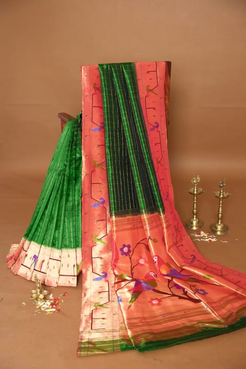 Emerald Green Pure Handloom Checks Paithani Saree with Parrot Peacock Border