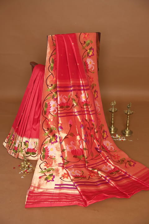 Red Pure Handloom Paithani Saree with Swan Lotus and Parrot Border