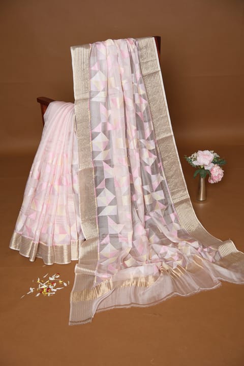 Pastel Pink Pure Silk Kota Saree with Allover Embroidery