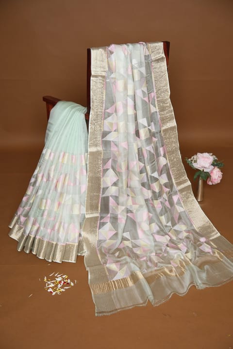 Pastel Mint Blue Pure Silk Kota with Allover Embroidery