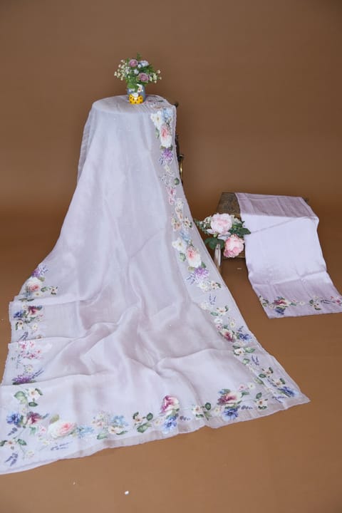 Lilac Pure Organza Saree with Floral Applique Border