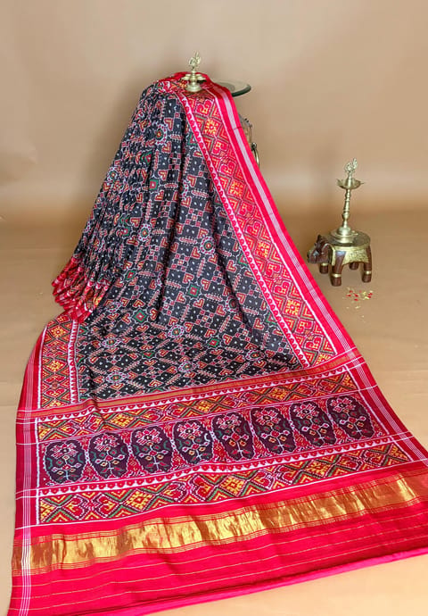 Darkest Brown & Red Combo Single Ikkath Patan Patola Saree