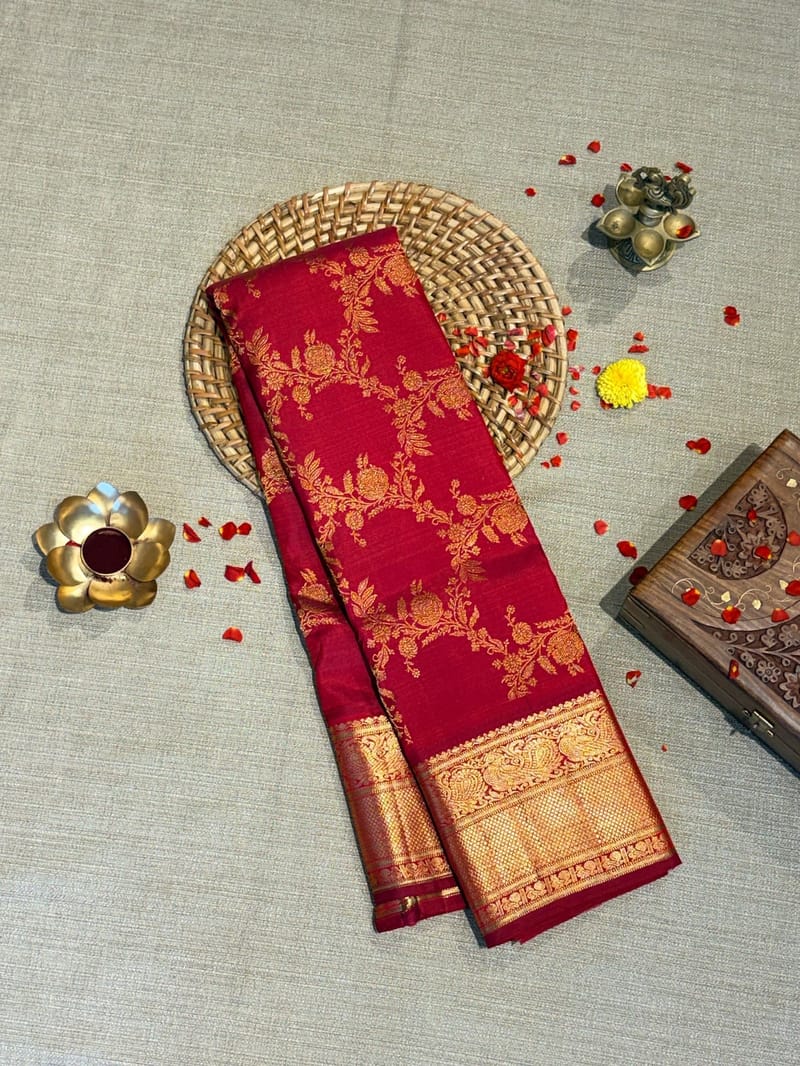 Maroon  Designer kanjeevaram saree with allover jaal weaving