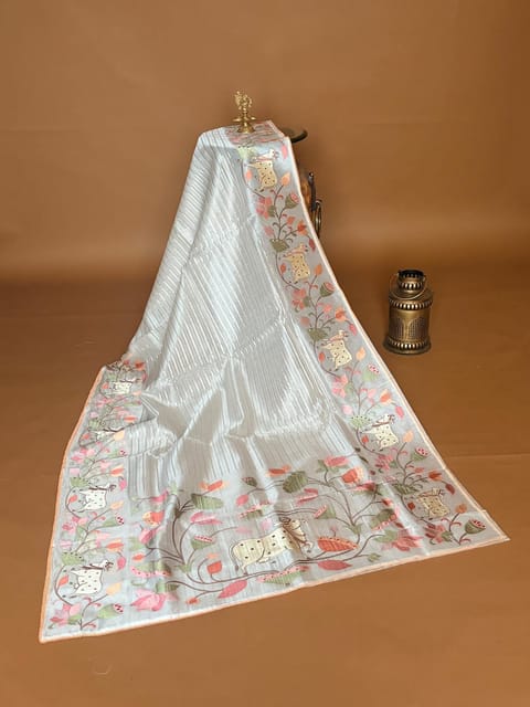 Half White Organza Saree with Pichwai Embroidery