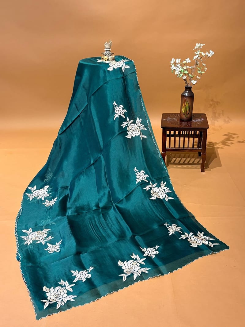 Dark Emerald Green pure organza saree with parsi gara embroidery