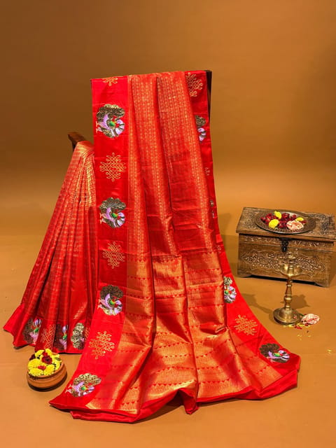 Red Vintage Kanjeevaram Saree with Tanjore Painting