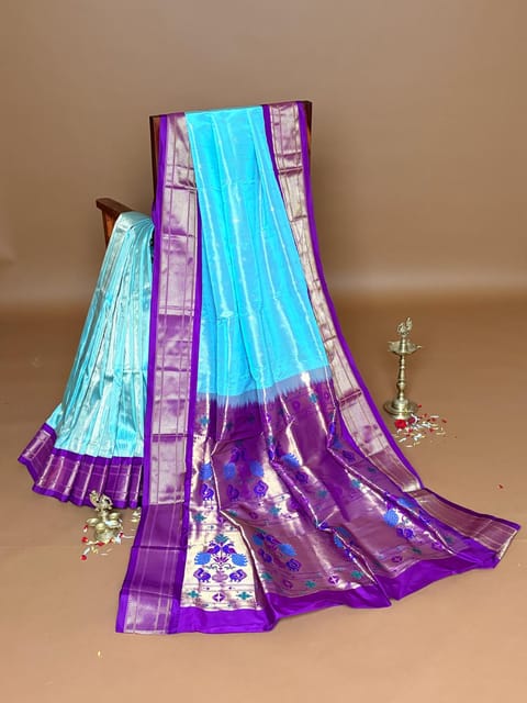 Sea Blue Paithani Tissue Saree with Traditional Contrast Borders and Pallu