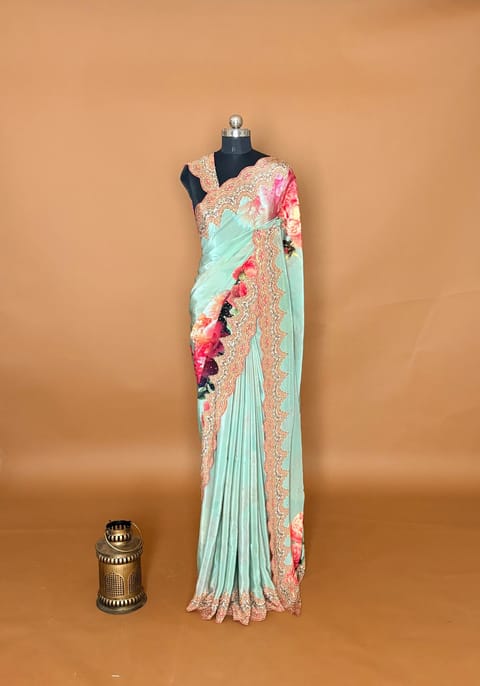 Mint Green Crepe Silk Saree with Position Printing