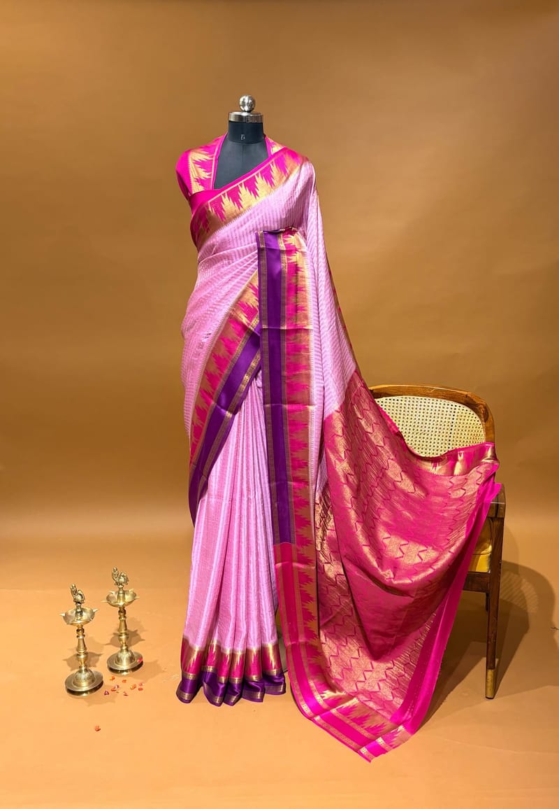 Baby Pink Premium Mysore Crepe Saree with Dual Colors Borders
