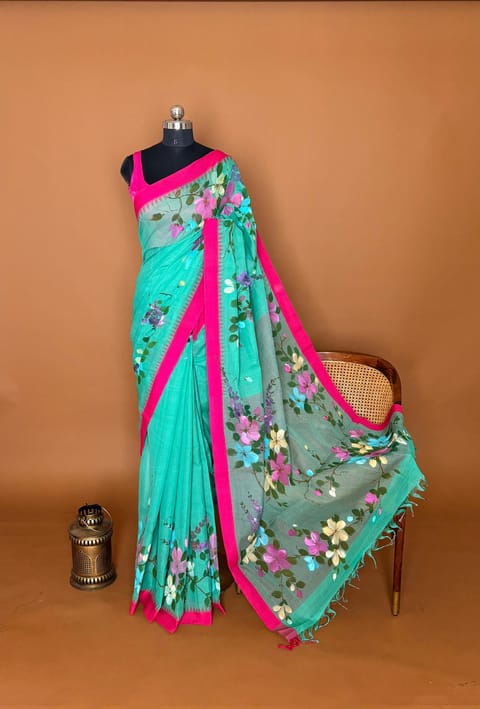 Teal Green Handpainted Ponduru Khadi Saree