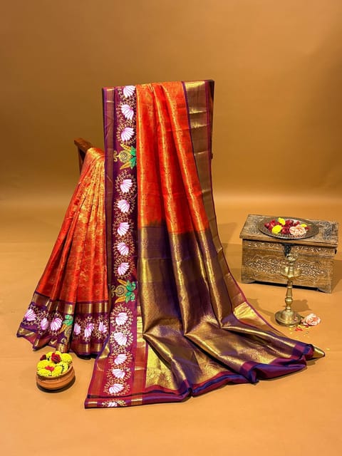 Orangish Red Vintage Kanjeevaram Saree with Tanjore Hand Painting