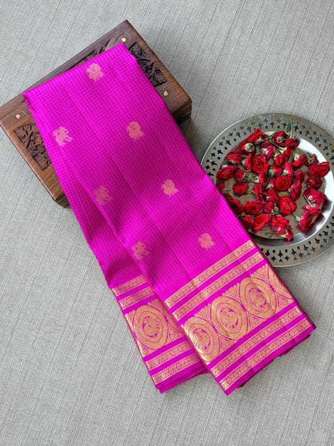 Rani Pink Vintage Checks Kanjeevaram Saree in Monotone Look
