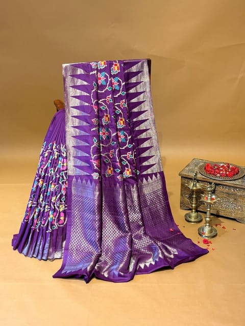 Purple Kanjeevaram Silk Saree with Temple Weaving Border and Allover Patola Inspired Embroidery