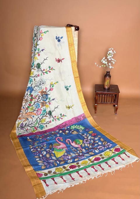 Ivory Pen Kalamkari Handloom Silk Cotton Saree