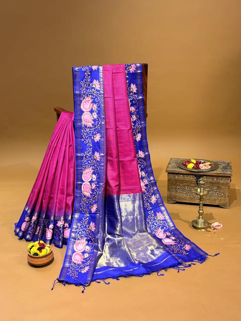 Ruby Pink Vintagrecheck Kanjeevaram Saree with Tanjore Painted Gap Border
