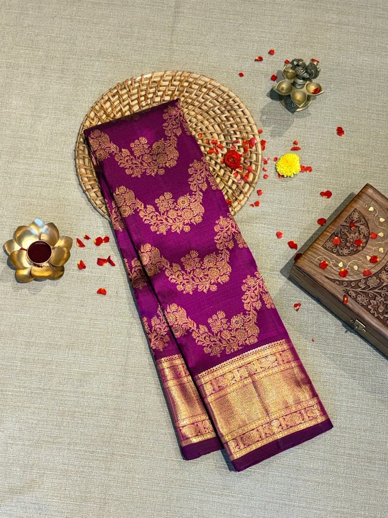 Purple  Designer kanjeevaram saree with allover jaal weaving