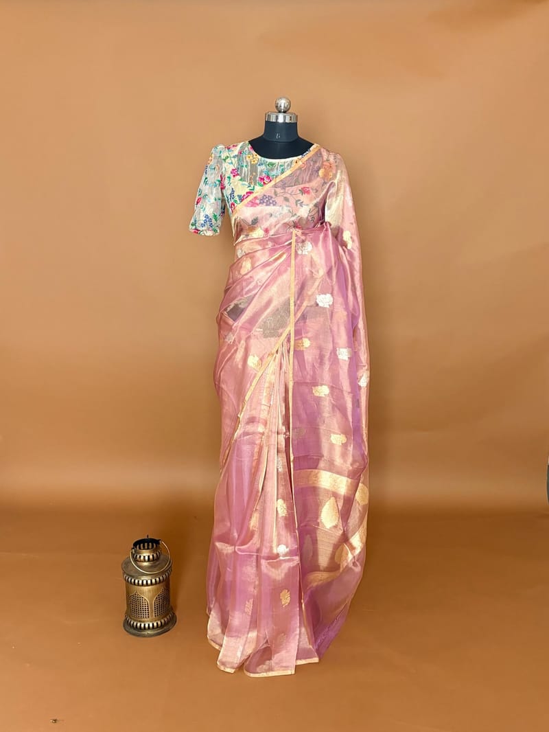 Lilac Pink Pure Handloom Banarasi Tissue Saree with Petitepoint Embroidered Fusion Blouse
