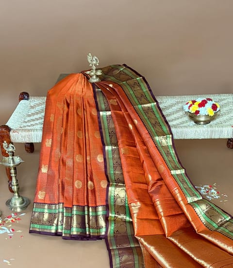 Rust Orange and Brown Vintage Checks Kanjeevaram Saree