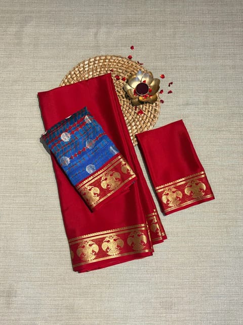 Chilli Red Mysore Crepe Saree with Gandaberunda Borders &fusion Blouse
