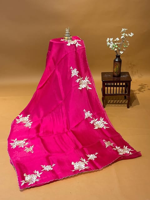 Ruby Pink Pure Organza Saree with Parsi Gara Embroidery