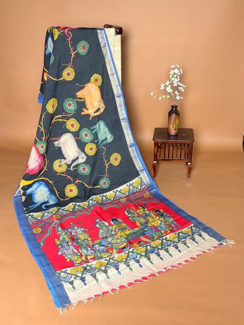 Elephant Grey Pen Kalamkari Handloom Silk Cotton Saree