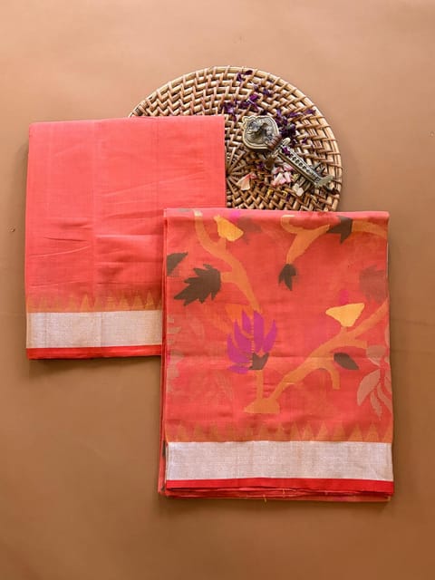 Peachish Orange Ponduru Khadi Jamdani 2 Pc Suit Set