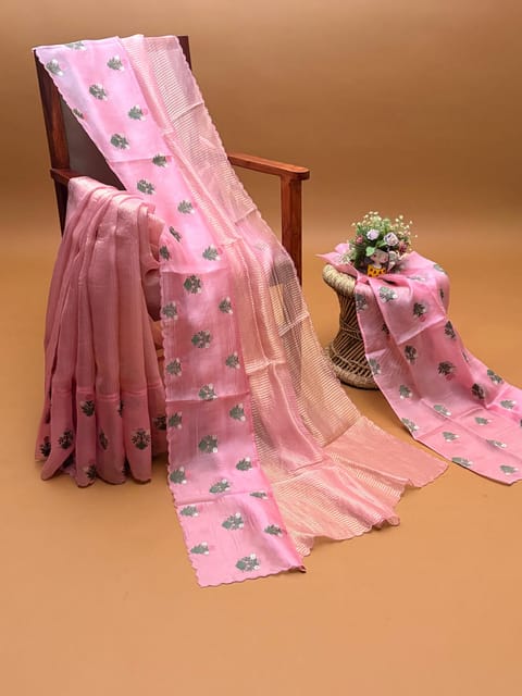 Pastel Pink Banarasi Kora Tissue Stripes Saree with Embroidery