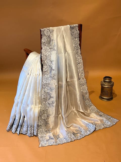Silver Banarasi Pure Handloom Tissue Saree with Applique Embroidered Cutwork Border