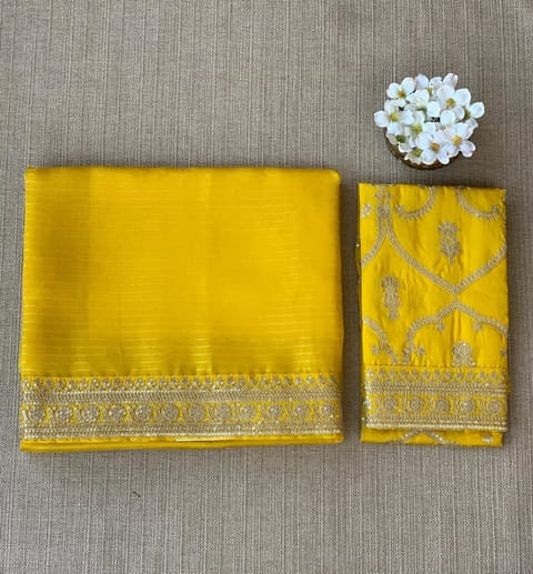Mango Yellow Rani Pink Organza Saree with Statement Borders and Blouse