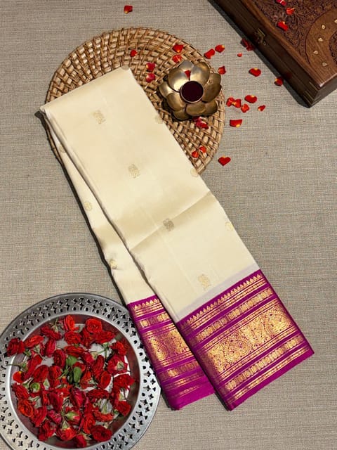 Ivory & Rani Pink Vintage Kanjeevaram Saree