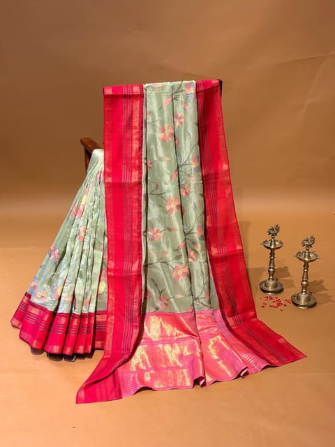 Pista Green Tissue Georgette Fusion Saree with Paithani Inspired Parrot Embroidery
