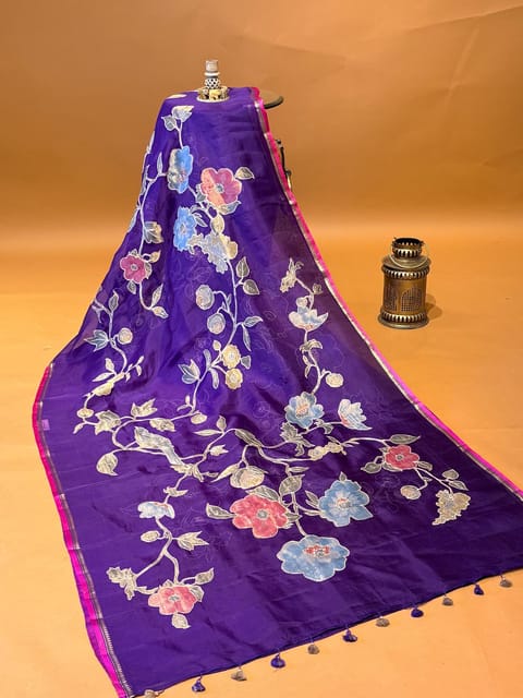 Purple Designer Pure Saree with and Allover Tissue Applique Work