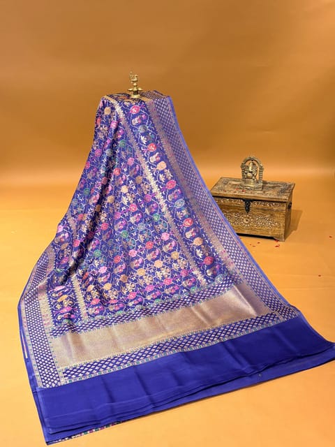 Blue Banarasi Kora Cutwork Jamdani Saree with All-Over Meenakari Weaving