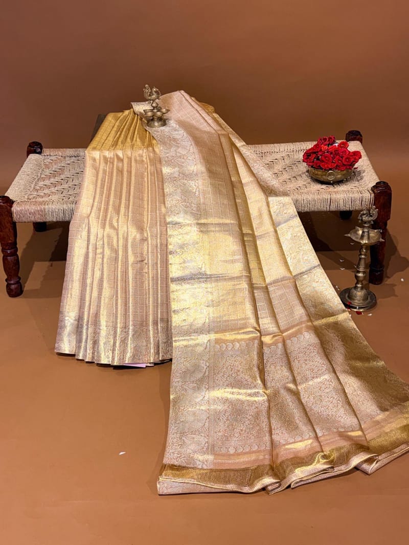 Nude Peach Twill Tissue Kanjeevaram Saree