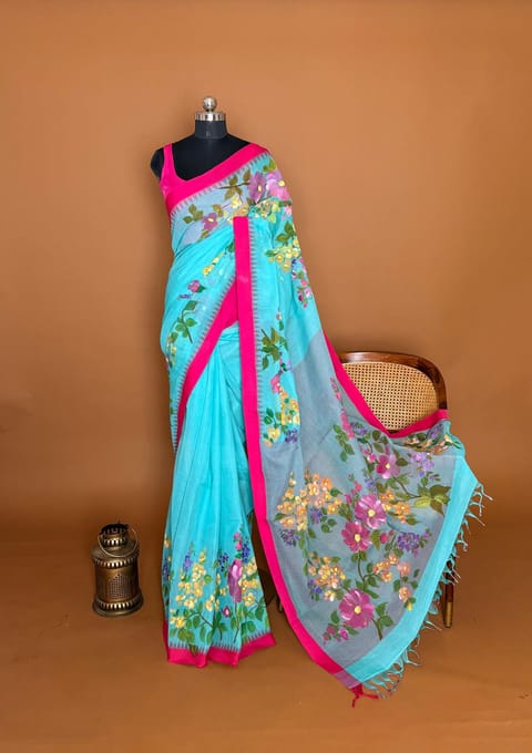 Teal Blue Handpainted Ponduru Khadi Saree