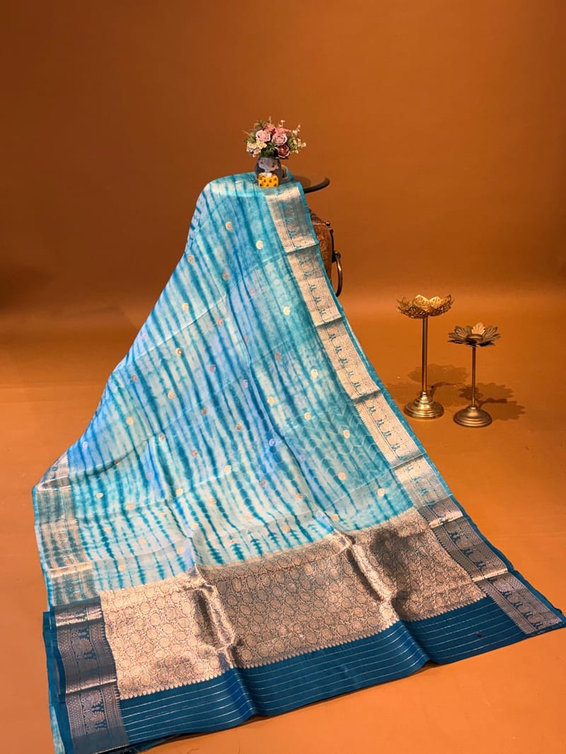 Copper Sulphate Blue Shibori Dyed Kora Banarasi Saree