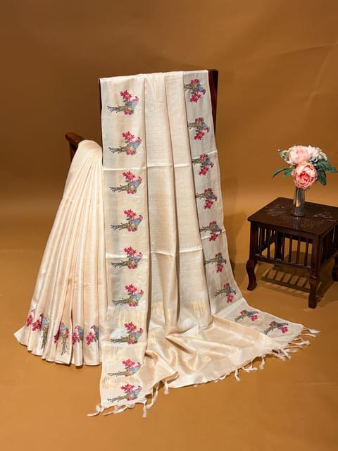 Beige Pure Handloom Designer Tussar Silk Saree with Petite Point Embroidery