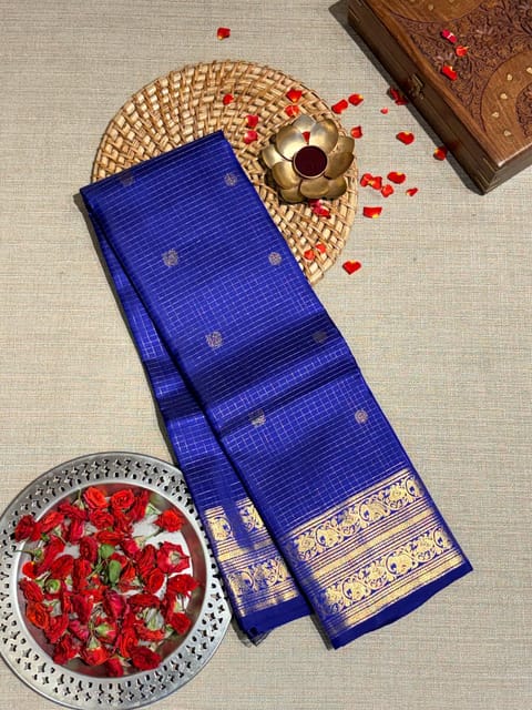 Royal Blue Vintage Checks Kanjeevaram Saree