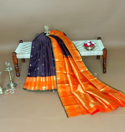 Chocolate Brown and Orange Vintage Kanjeevaram Saree