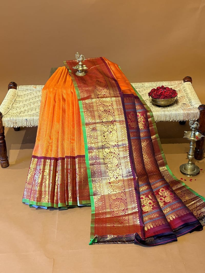 Orange Gadwal Brocade Saree with Heavy Kanchi Borders