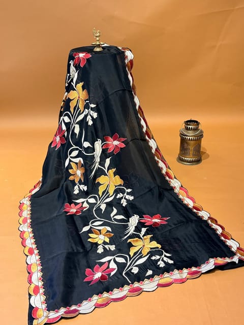 Black Pure Organza Saree with Allover Applique and Embroidery