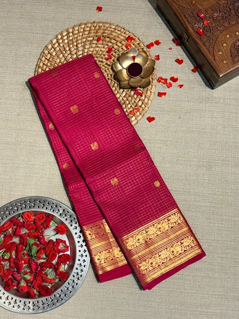 Ruby Pink Vintage Checks Kanjeevaram Saree