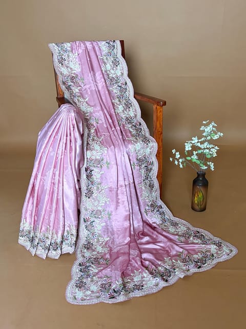 Dusty Pink Pure Satin Self Printed Saree with Embroidery