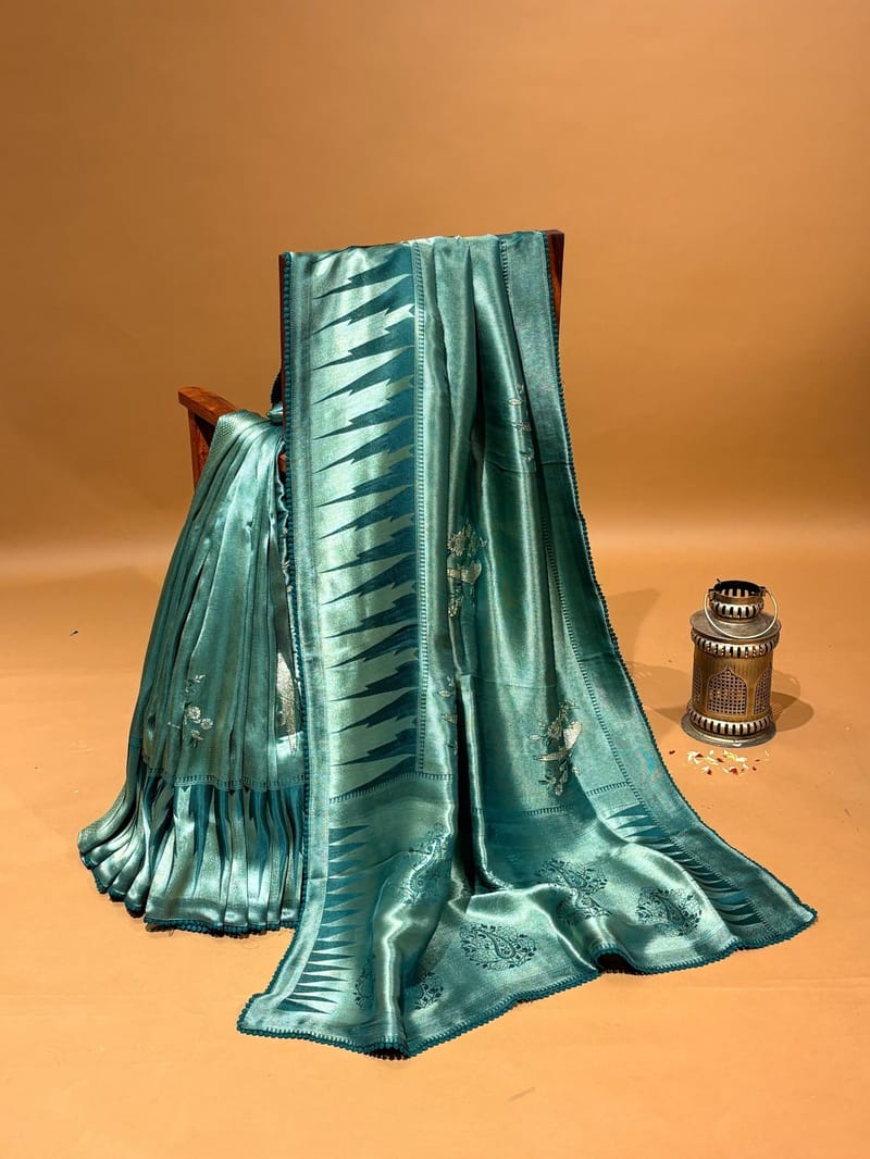 Forest Green Banarasi tonchoi weaving temple border saree with embroidery