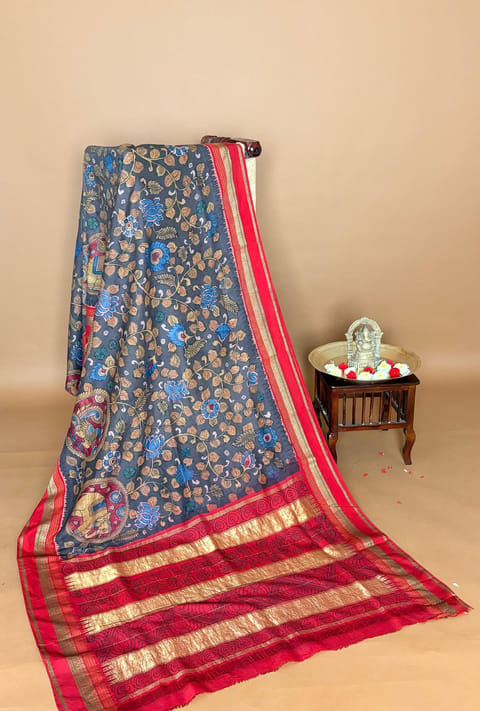 Charcoal Grey & Red Pen Kalamkari Kanjeevaram Saree with Gap Borders